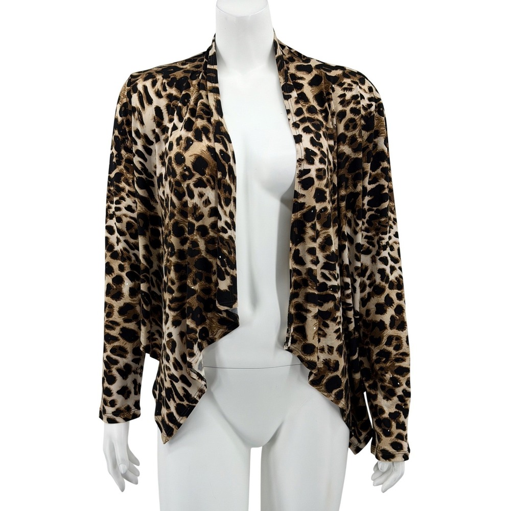 Clara Sun Woo Cardigan Womens Medium Brown Leopard Open Front Sequin‎ Shimmer